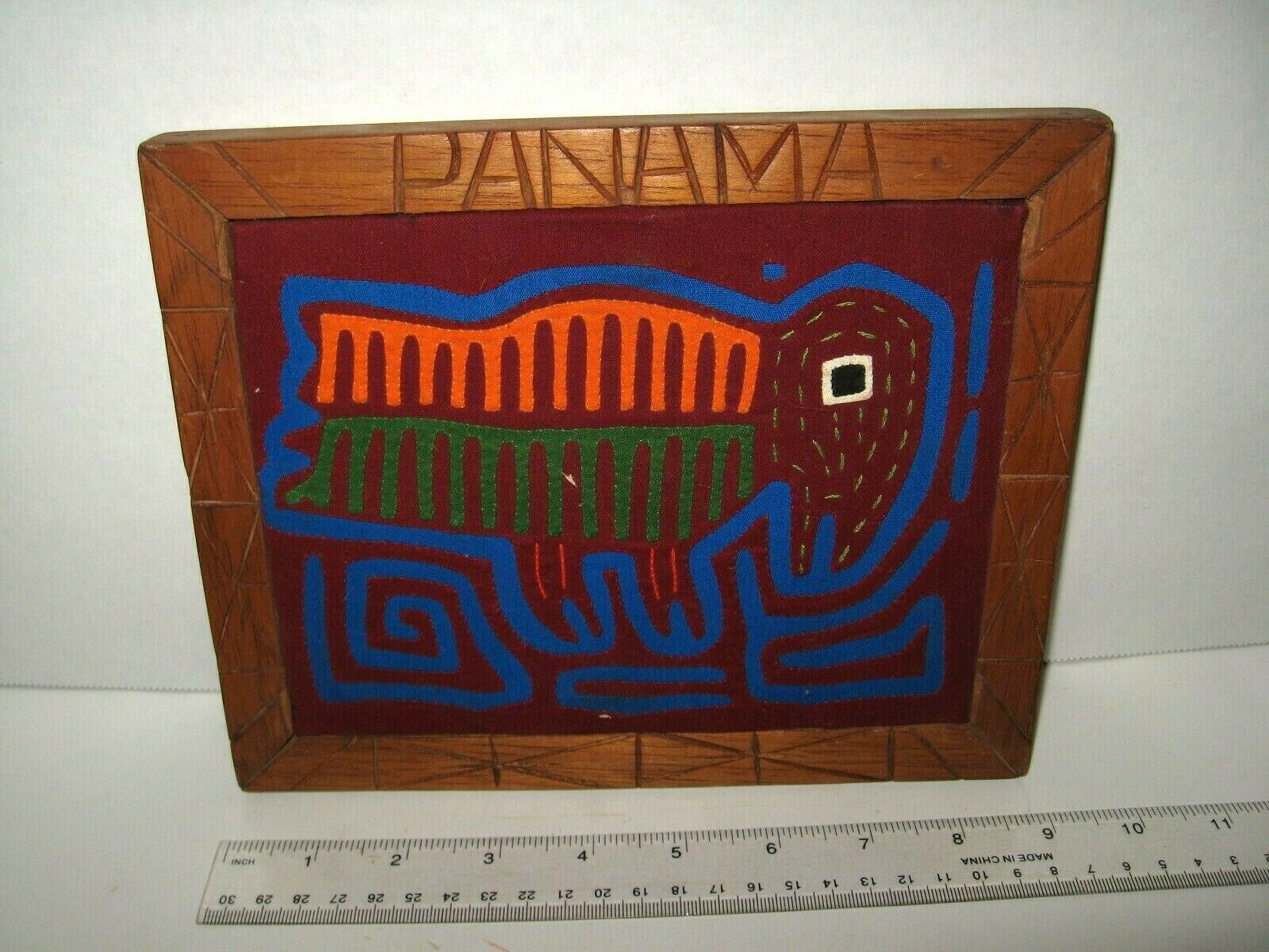 Panama Carved Wood Framed Folk Art Abstract Bug Or Bird 9 X 7.5"